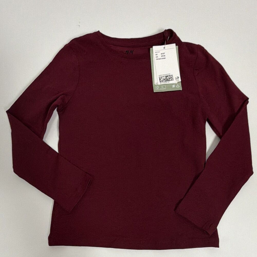 H&M Boys Burgundy Solid Long Sleeve Crew Neck Cotton T-Shirt, Size 5T/6